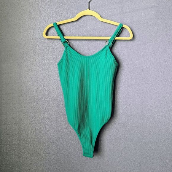 Spaghetti Strap Ribbed Bodysuit Bikini Cut Robin Blue Teal One-Piece S/M Nylon - Picture 1 of 7
